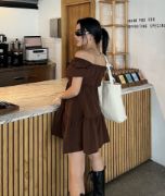 2351 Kloş Poplin Elbise - Kahverengi resmi